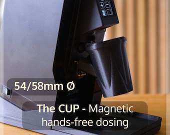 THE CUP • Eureka Mignon • Floating Fork Holder Portafilter Espresso Dosing Cup Hands-free • Inclined/Angled with trigger button switch •54mm