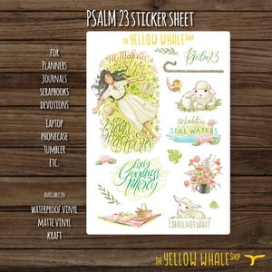 Hoja de calcomanías con versículos bíblicos de fe cristiana SALMO 23 para diario, álbumes de recortes y planificadores: opciones mate, kraft e impermeable