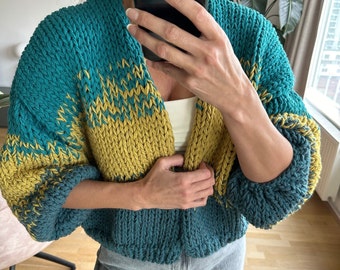 Vegan Knitted Cardigan In petrol yellow and green