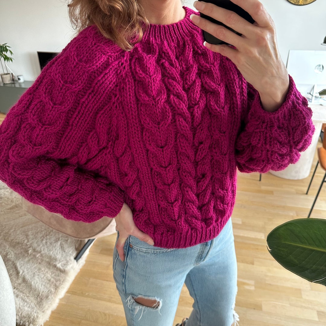 Chunky Cropped Women's Cable Knit Sweater in Poppy Fuchsia Chunky Cropped Women's Cable Knit Sweater in Poppy Fuchsia