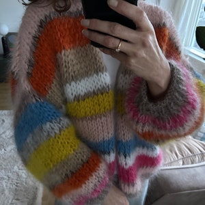 Hand knitted mohair cardigan striped Pink beige yellow image 6