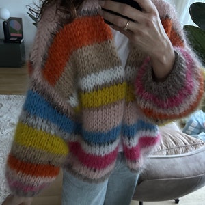 Hand knitted mohair cardigan striped Pink beige yellow image 5