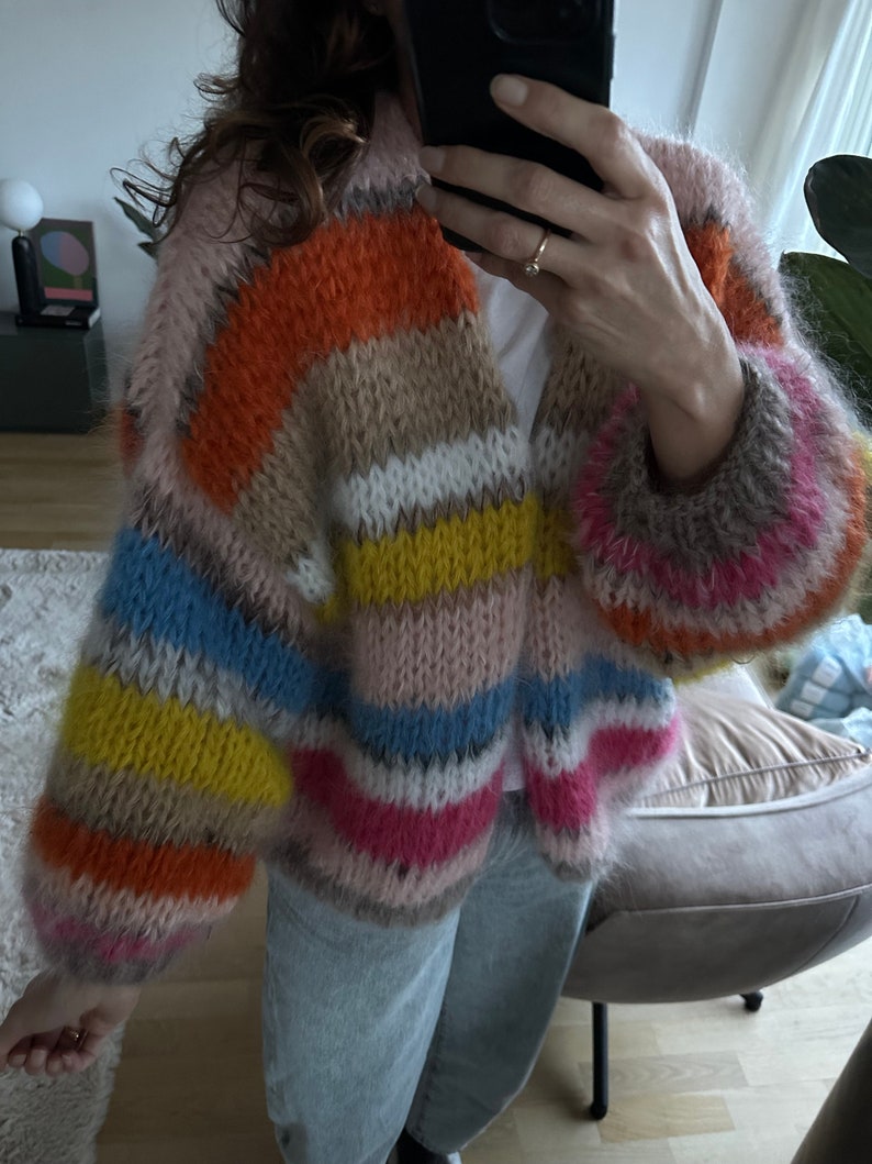 Hand knitted mohair cardigan striped Pink beige yellow image 5