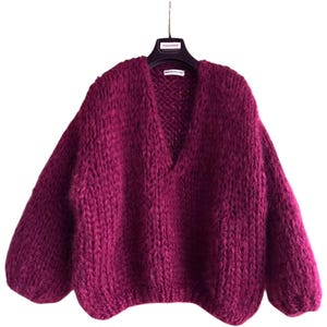 Hand knitted oversized mohair v-neck sweater burgundy