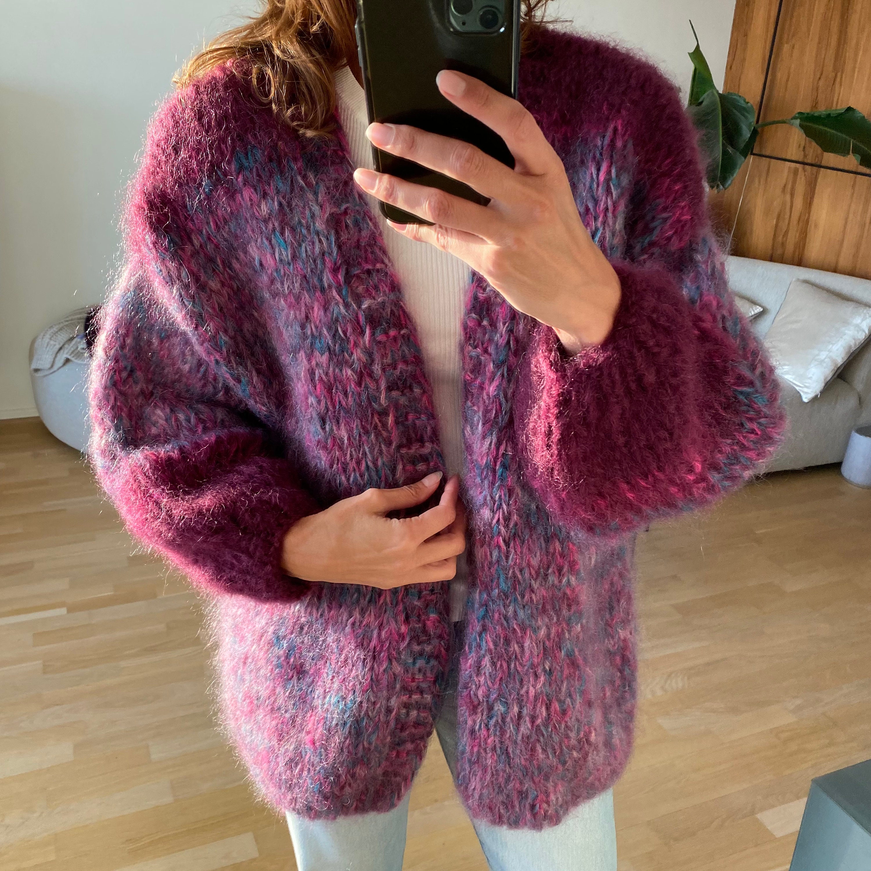 pink and purple cardigan