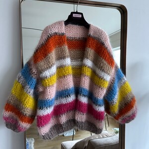 Hand knitted mohair cardigan striped Pink beige yellow image 9