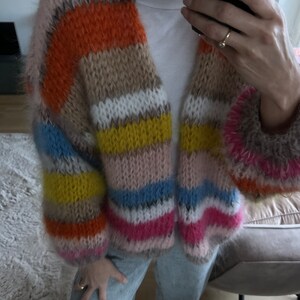 Hand knitted mohair cardigan striped Pink beige yellow image 4