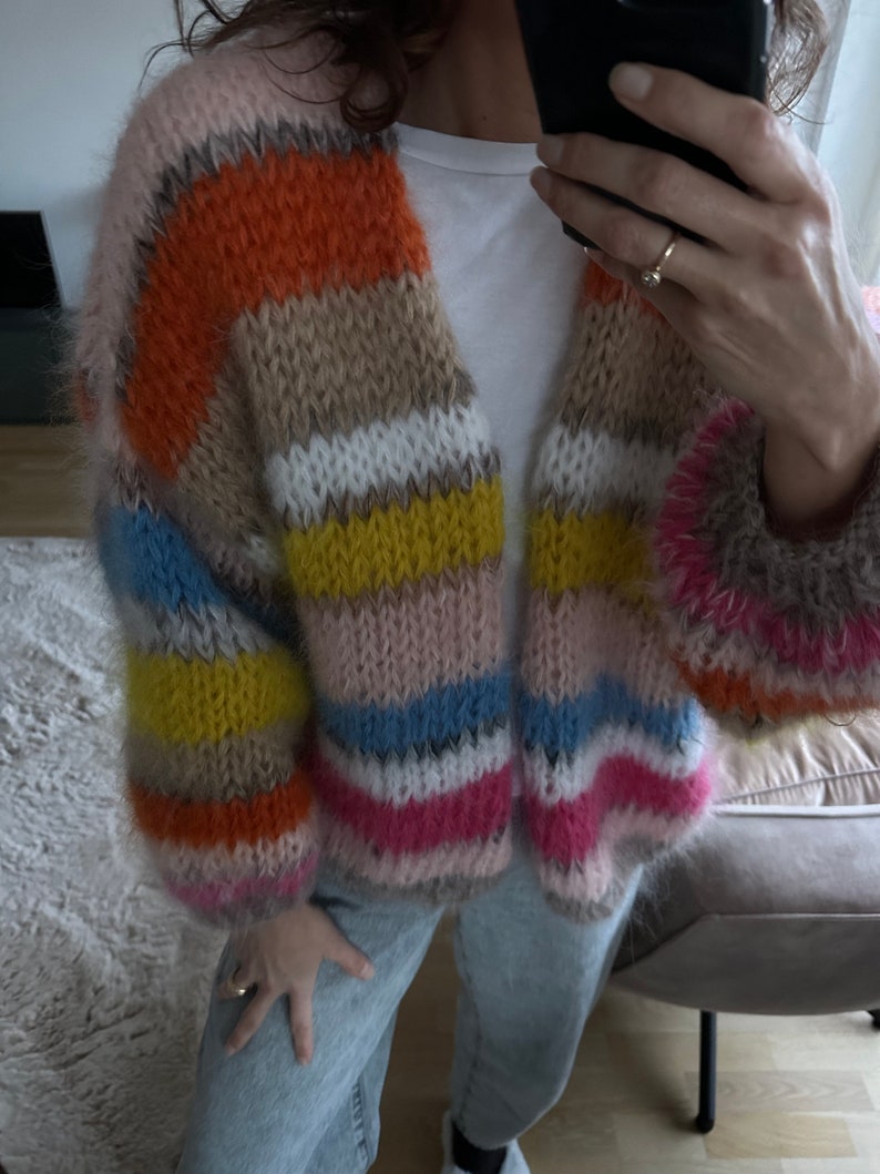 Hand knitted mohair cardigan striped Pink beige yellow image 4
