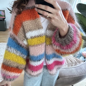 Hand knitted mohair cardigan striped Pink beige yellow image 1