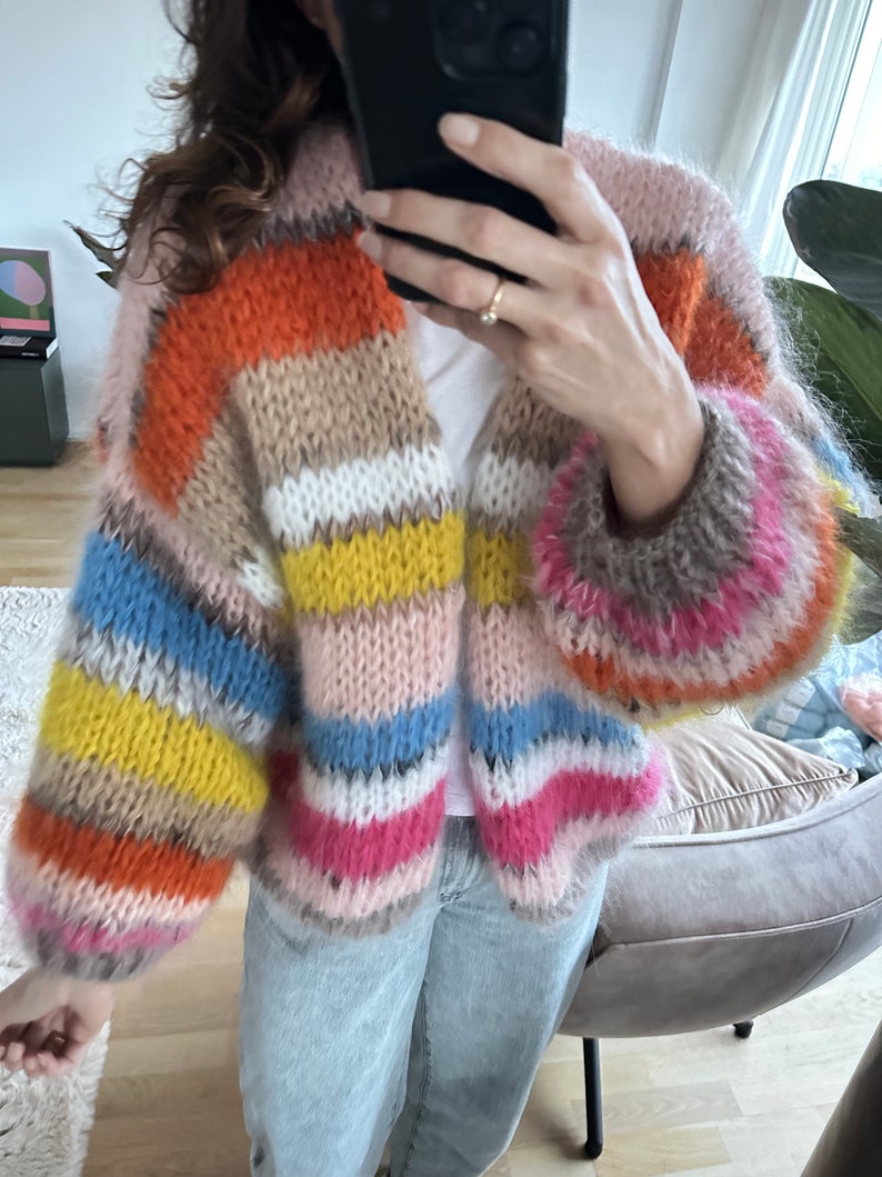 Hand knitted mohair cardigan striped Pink beige yellow image 1