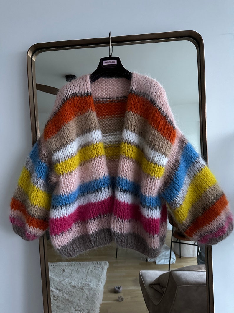 Hand knitted mohair cardigan striped Pink beige yellow image 7