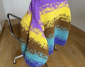 Vegan knitted cardigan in purple yellow cinnamon turquoise