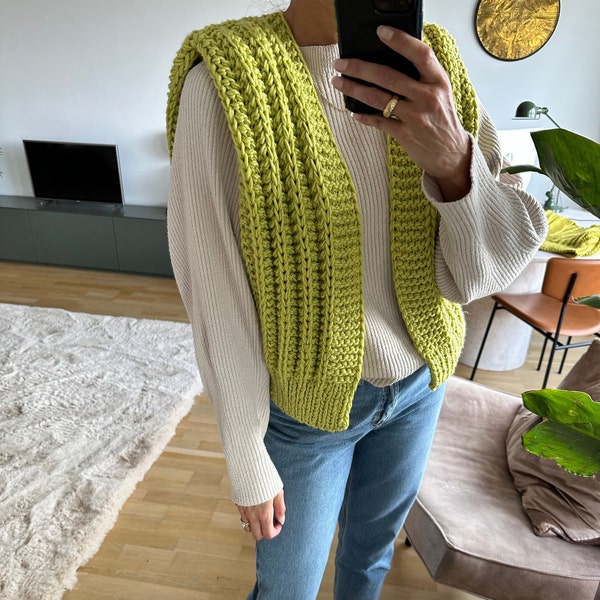 Chunky knit waistcoat in pistachio lime green made from vegan material.