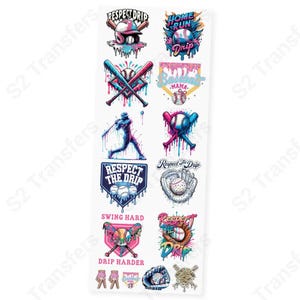 May include: A sheet of baseball-themed sublimation transfers featuring various designs. Designs include baseballs, bats, and phrases like "Respect the Drip," "Home Run," and "Baseball Mama." The color palette includes pink, blue, and white.