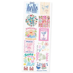 May include: A sheet of summer-themed stickers with various illustrations and text. Designs include a turtle, cocktails, seashells, and phrases like "hello sunshine" and "summer days." The color palette is bright and cheerful, with blues, pinks, and yellows.