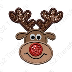 May include: A brown reindeer face with a red sparkly nose and brown sparkly antlers. The reindeer has big brown eyes and a smiling mouth.