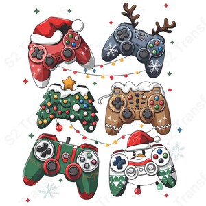 May include: A collection of six Christmas-themed video game controllers. Each controller features festive designs, including a Santa hat, reindeer antlers, a Christmas tree, and a snowman. The controllers are red, green, blue, and brown, with colorful buttons and accents.