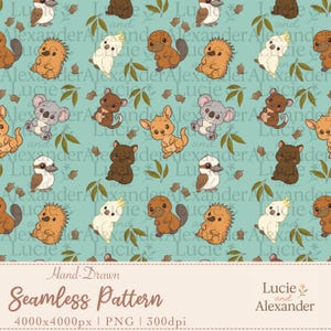 Baby OZ Animals Seamless Pattern | Hand-Drawn | 4000x4000px PNG 300dpi | animal pattern | Cute Print for Fabric, Scrapbooking & More | Aqua