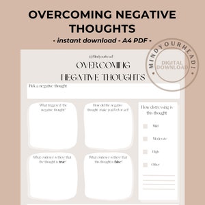 Overcoming Negative Thoughts Worksheet CBT Printable Worksheet Journal Self Help Tool Therapy Psychology Mental Health Counselling
