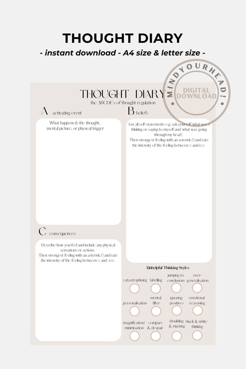 Thought Diary ABCDE CBT Printable Worksheet Psychology Etsy Hong Kong