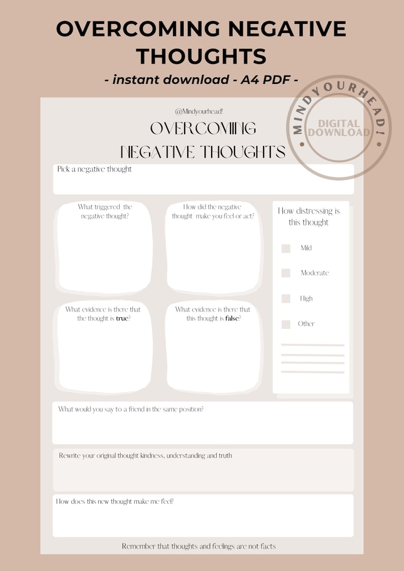 Overcoming Negative Thoughts Worksheet CBT Printable Worksheet Journal ...