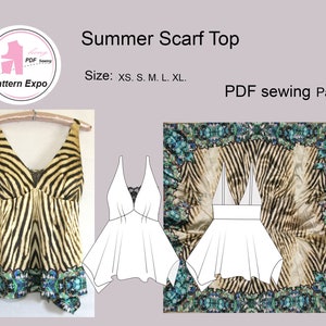 Op de afbeelding: Een PDF-naaipatroon voor een zomerse sjaaltop. Het patroon bevat instructies voor de maten XS, S, M, L en XL. De afbeelding toont een witte top met een zebraprint en een blauwe en groene rand.