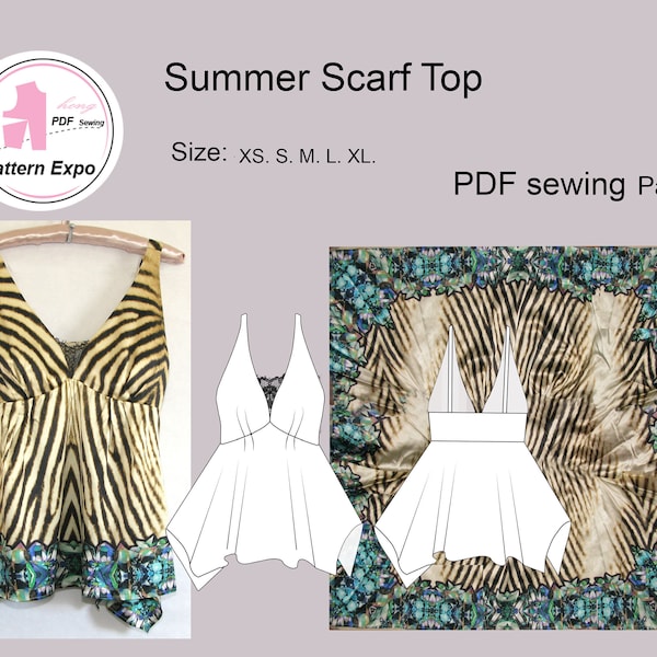 Summer scarf Top/ Scarf Cami Top/ Silk print V-neck Top.  PDF Sewing pattern.  Size: XS. S. M. L. XL.