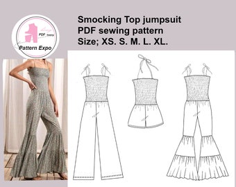 Smocked bodice Jumpsuit/Summer Cami beach jumpsuit/  Size: XS. S. M. L. XL./ PDF Sewing patterns