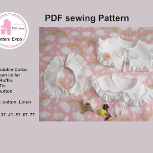 May include: A PDF sewing pattern for a detachable Peter Pan collar with a lace ruffle, front tie, and back button. The pattern is available in sizes 2T, 3T, 4T, 5T, 6T, and 7T. The fabric is cotton linen.