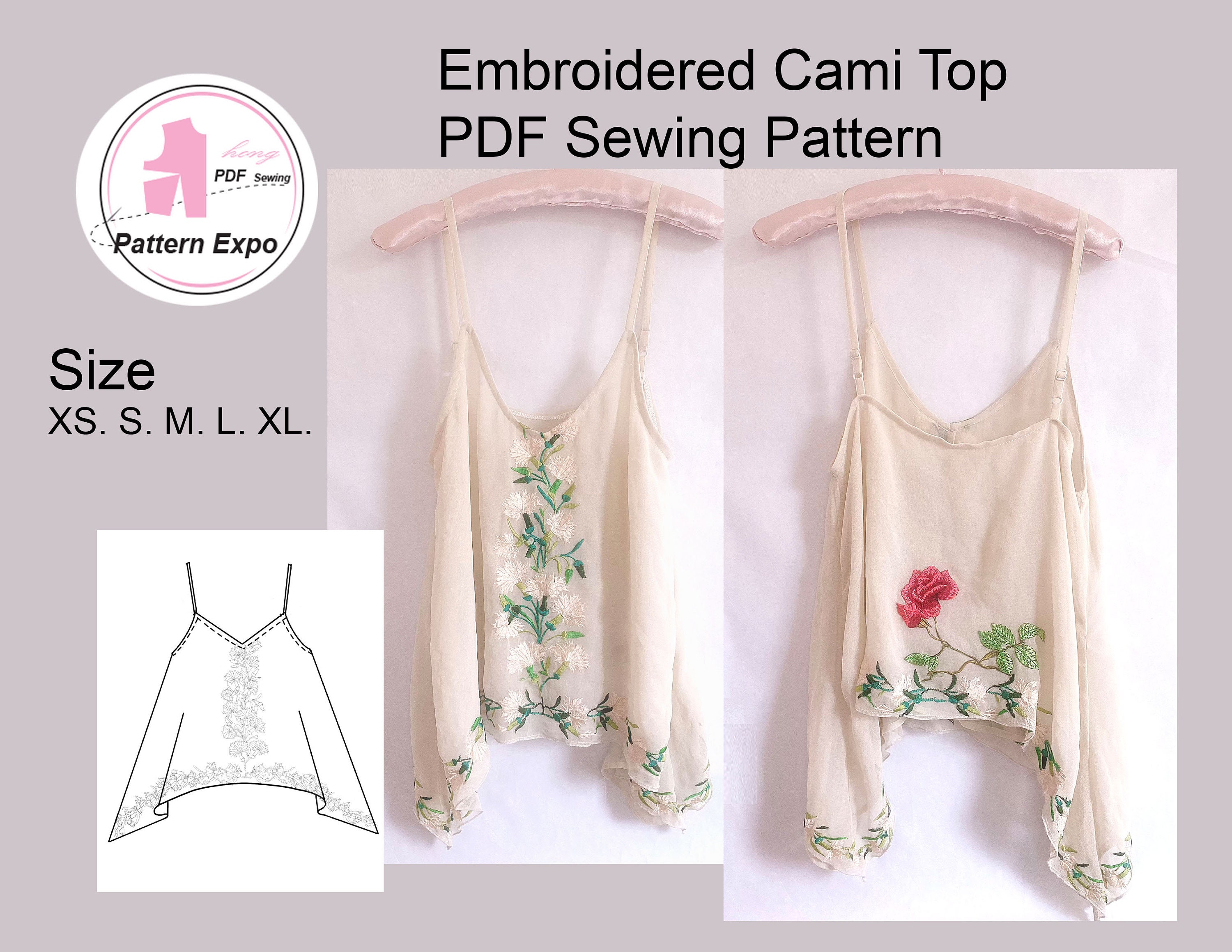 Embroidered Cami /summer Top/ PDF Sewing Pattern. Size: XS. S. M. L. XL. 