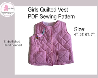 Girls Unicorn Quilted Vest/ Embellished Vest/PDF sewing pattern. Size 4Y. 5Y. 6Y. 7Y.