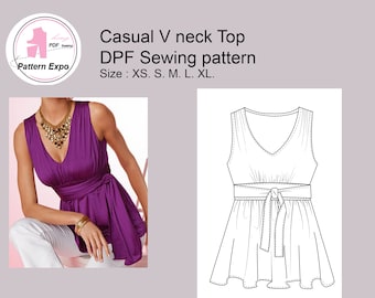 Wrap Belt V-neck Top Sewing Pattern (PDF)
