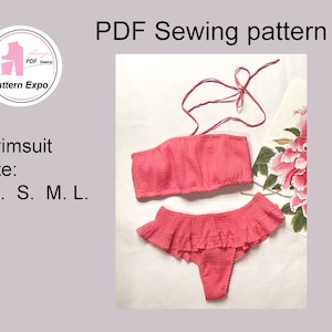 Smocked ruffle bikini swimsuit. / PDF sewing pattern/ Size: XS. S. M. L.