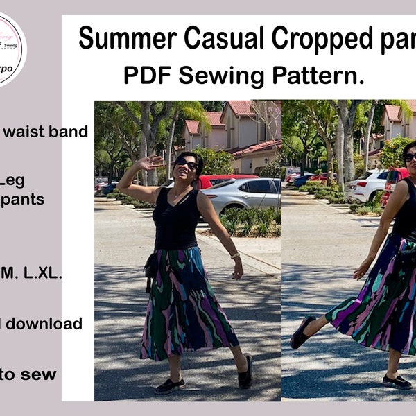 Summer casual cropped Pants/ Wide Leg dress pants/ Elastic waist band./ PDF  Sewing patterns /East to sewing