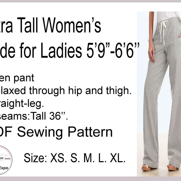 Extra Tall Women's Pants/Tall girl's pants / Made for tall ladies 5'9''- 6.6'' / 36''inseam/ PDF Sewing Pattern. Size: XS. S. M. L. XL.
