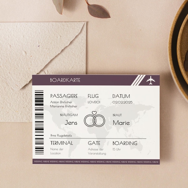 Hochzeitseinladung Flugticket personalisiert, Einladungskarte zum Ausdrucken, Hochzeitsparty Boarding Pass Template, Einladung zur Hochzeit