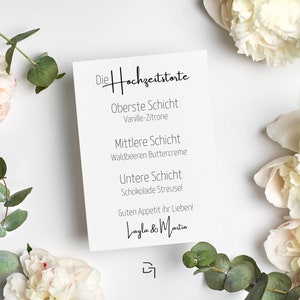 Hochzeitstorte Schild schwarz weiß - Hochzeitskuchen Karte mit Geschmacksrichtungen - Kuchen Hochzeit Dekoration - Menükarte Hochzeit modern