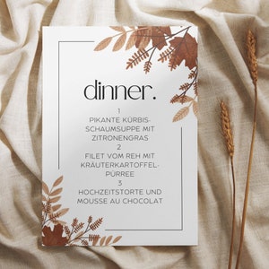 Wedding menu cards in autumn look - wedding menu card with food & drinks - A4 wedding menu template - drinks menu autumn wedding