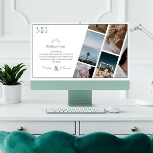 Könnte beinhalten: Ein Computerbildschirm zeigt eine Hochzeitswebsite mit dem Text "Willkommen" und "Liebe Gäste" in deutscher Sprache. Die Website enthält auch Fotos des Paares und den Text "Martin & Hannah".