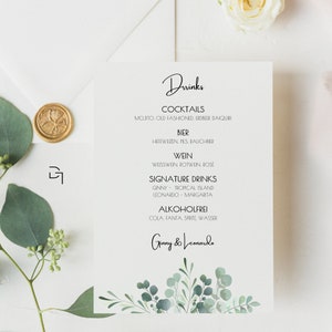 Menükarten Hochzeit Eukalyptus zum Ausdrucken - Hochzeitsmenü Karten mit Speisekarte & Barkarte - Tischkarte für Hochzeitsgäste Canva Design