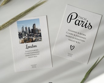 City names as table numbers to print on A4 - table numbers wedding template with photo of a city - travel lettering for table plan