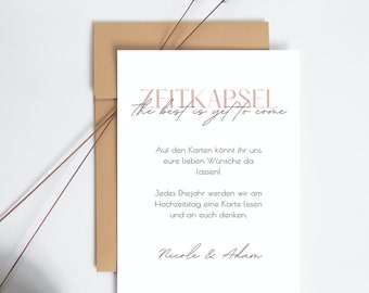 Zeitkapsel Hochzeit Karten schlicht, DIN A4 Vorlage für das Hochzeitsspiel Zeitreise, Papier Gästebuch Karten einseitig, Brautpaar Geschenk