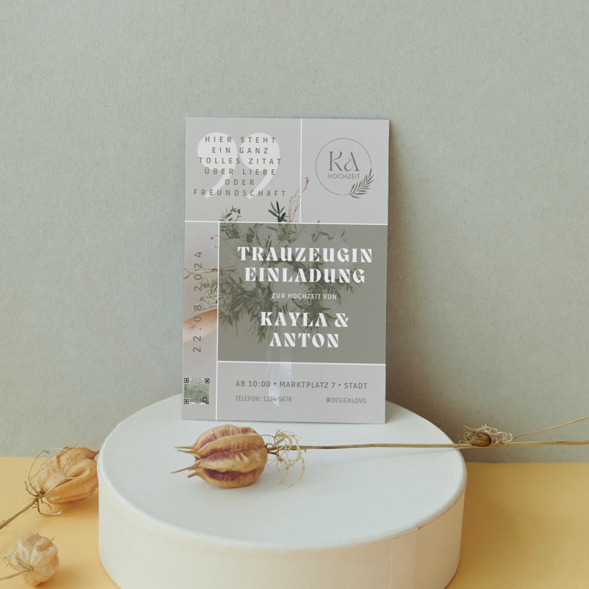 Wedding invitation green for the bridesmaid - maid of honor ask card modern DIN A4 - invitation card for wedding helpers as Canva template