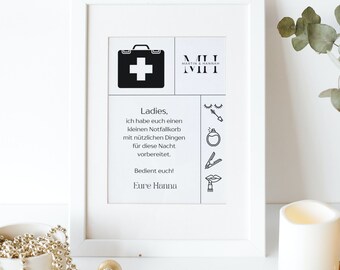 Emergency basket wedding information sign for ladies - personalized stand - emergency bag bride & guests - storage box card