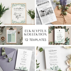 Boda verde con diseño de eucalipto, paquete de boda con 12 plantillas, tarjetas de menú de eucalipto, juegos de boda para invitados, decoración de mesa