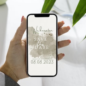 Hochzeitseinladung Save the Date Whatsapp, Einladungskarte Hochzeit digital als Vorlage, Hochzeitseinladungskarten Eukalyptus in 3 Varianten