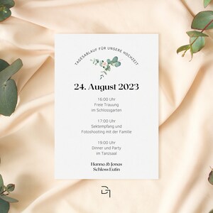 May include: A wedding invitation with a white background and black text. The invitation includes the date "24. August 2023" and a schedule of events for the wedding day. The text includes "TAGESABLAUF FÜR UNSERE HOCHZEIT", "Freie Trauung", "Sektempfang", "Fotoshooting", "Dinner und Party", "Hanna & Jonas", and "Schloss Eutin".