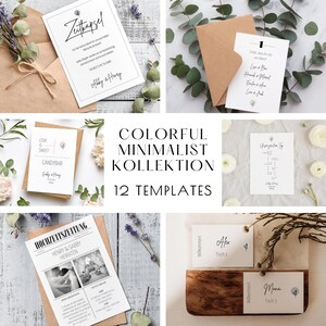 Minimalist wedding set in a simple design, wedding bundle with 12 templates, paper menu cards download, wedding games for guests