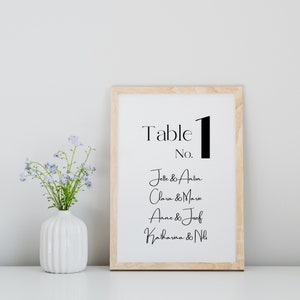 Wedding seating plan with table number, paper table numbers with names in black and white, table plan you can print out yourself, simple DIN A4 table arrangement