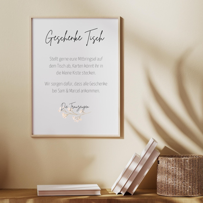 Geschenketisch Schild Hochzeit mit Blumen / Geschenk Design